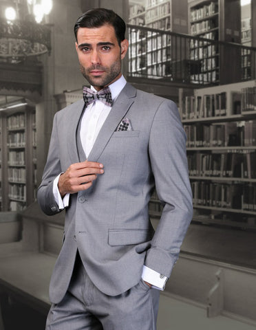 Mens 2 Button Skinny Vested Wool Suit in Grey