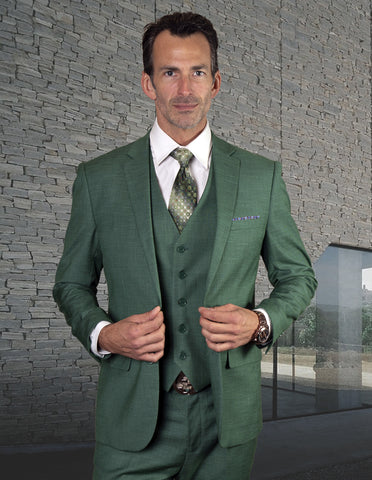 Mens 2 Button Slim Fit Vested Wool Suit in Forest Green
