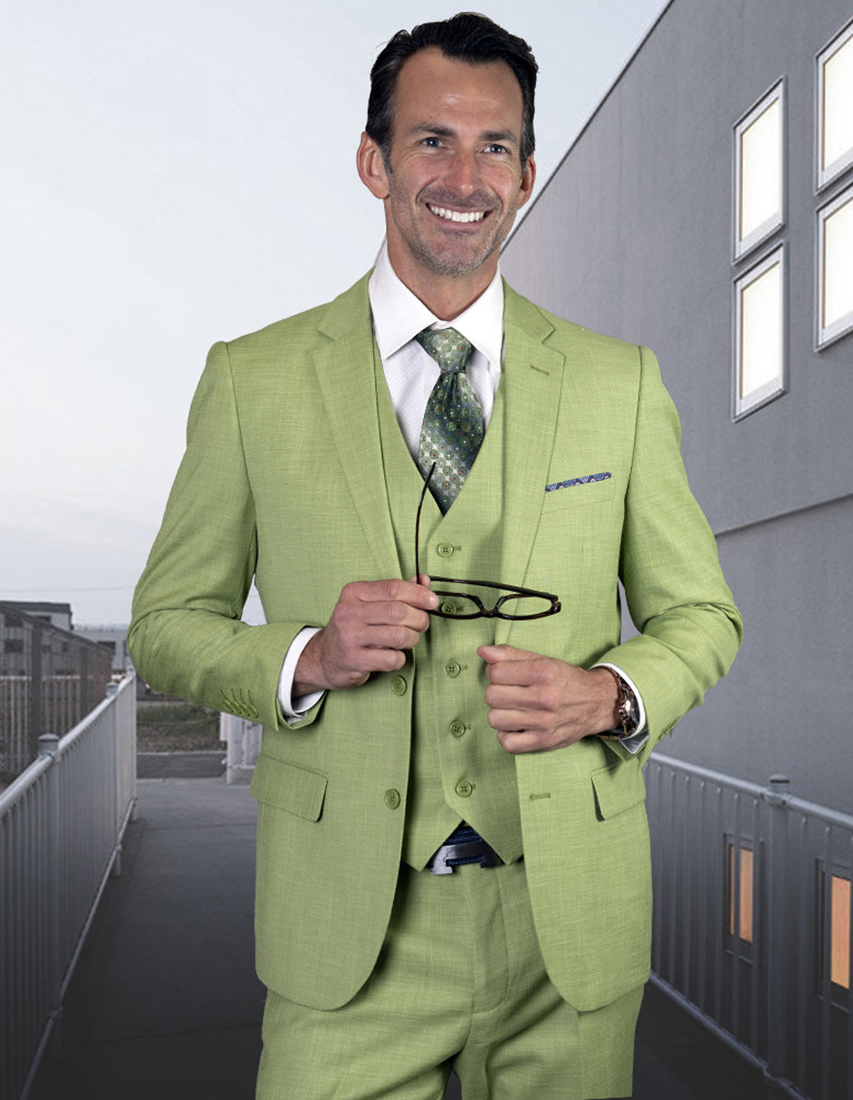 Mens 2 Button Slim Fit Vested Wool Suit in Pistachio Light Green