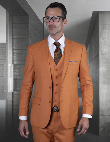 Mens 2 Button Slim Fit Vested Wool Suit in Rust