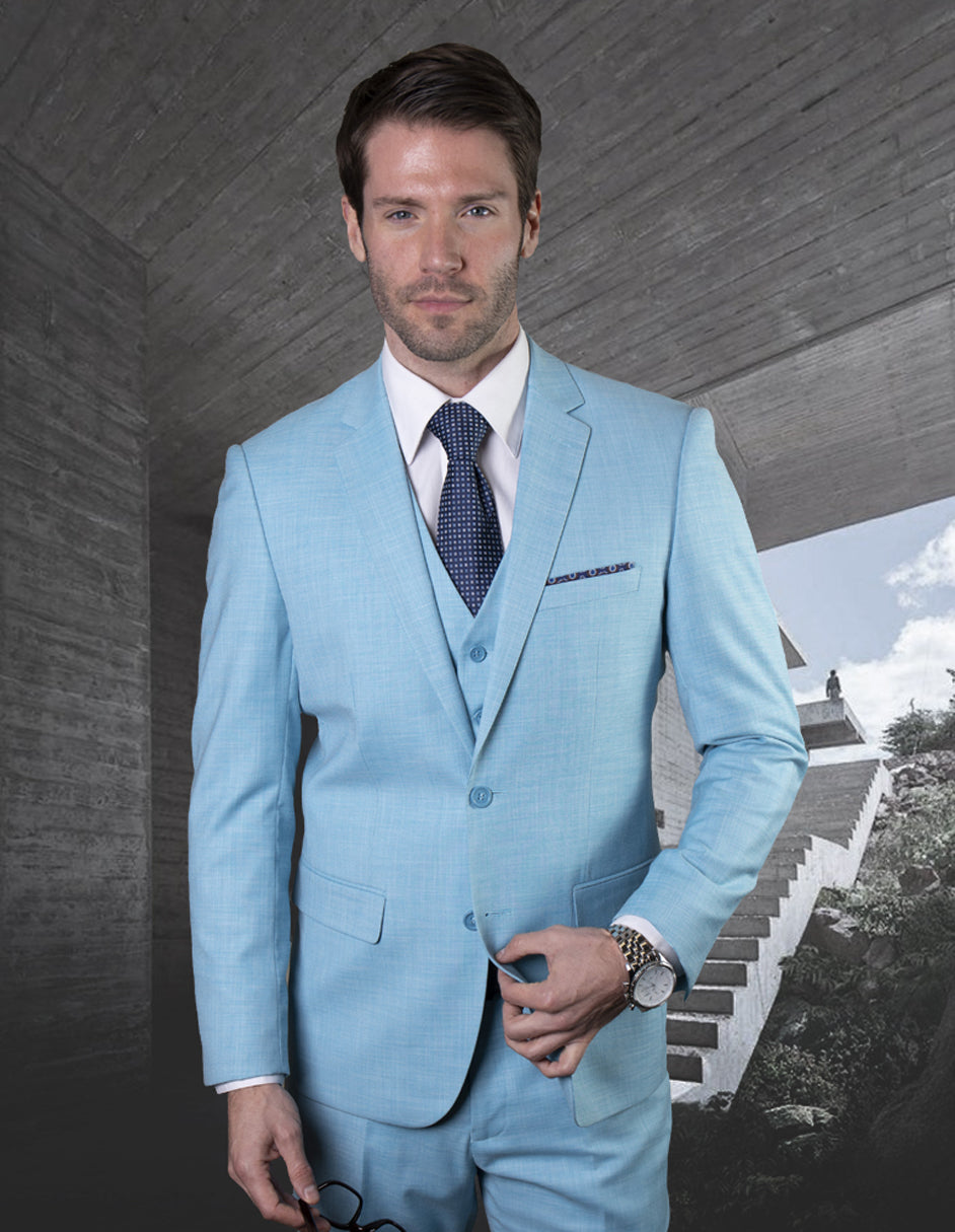 Mens 2 Button Slim Fit Vested Wool Suit in Turquoise