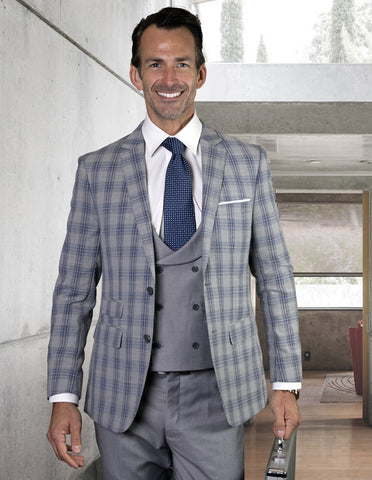 Mens 2 Button Plaid Suit with Low Cut Double Breasted Vest in Grey Plaid