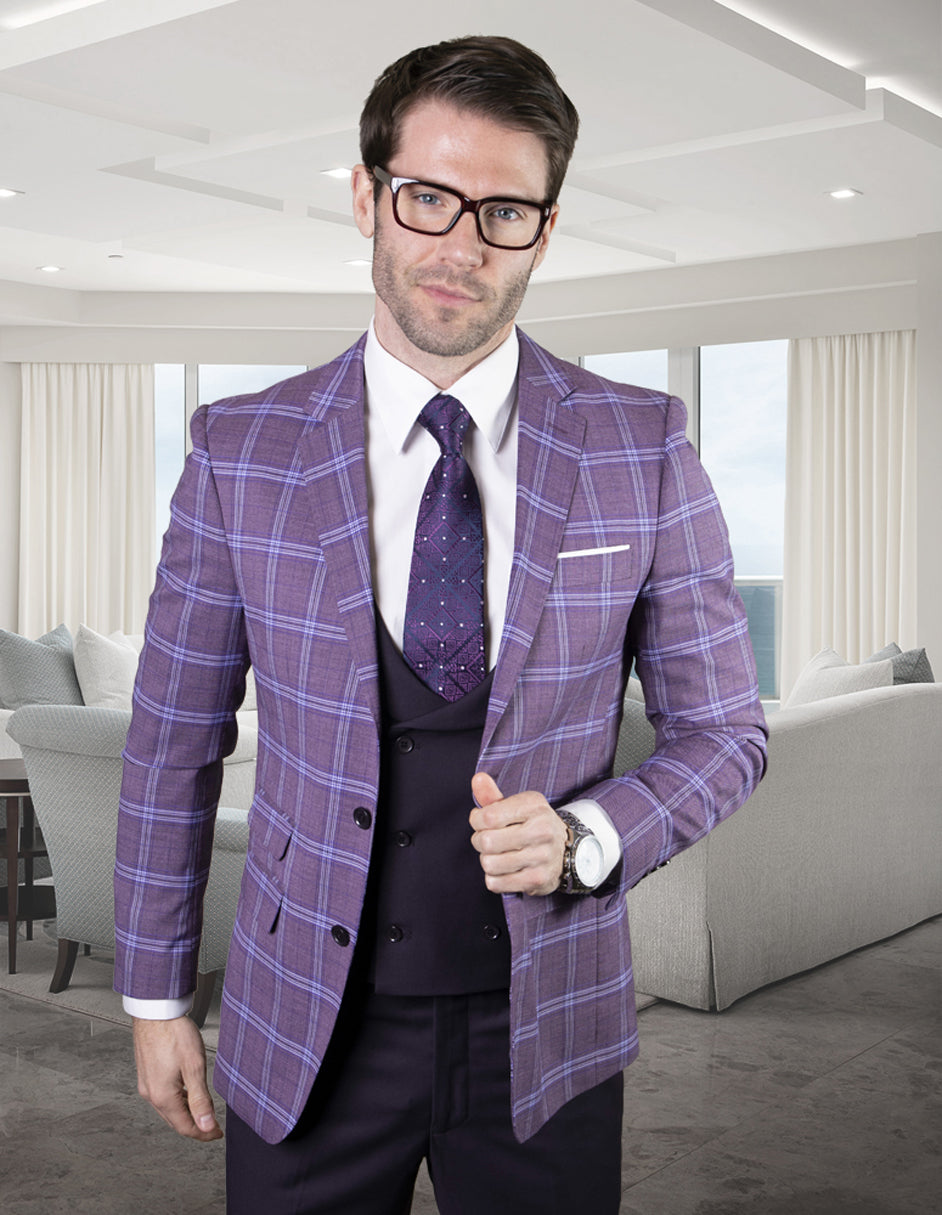 Mens 2 Button Suit with Low Cut Vest in Eggplant | Purple Plaid