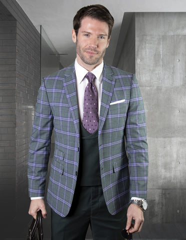 Mens 2 Button Suit with Low Cut Vest in Hunter Green Plaid