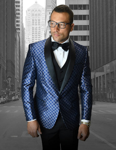 Mens Vested One Button Shawl Tuxedo in Geometric Chain Print in Navy