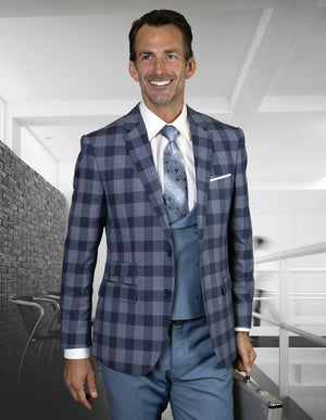 Mens 2 Button Suit with Low Cut Vest in Navy Plaid