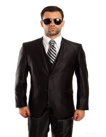 Mens Tazio Vested Slim Fit Shiny Sharkskin Suit in Black