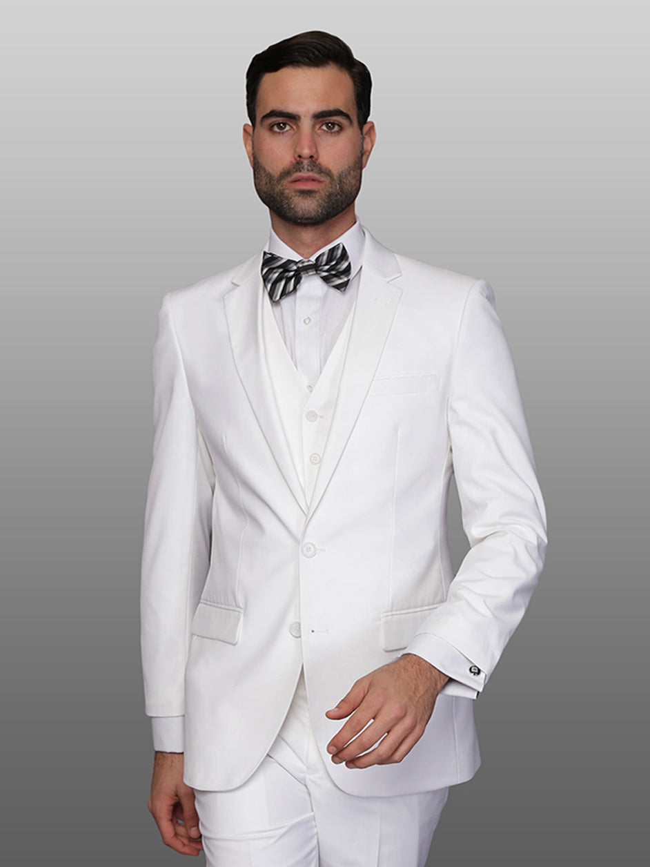 Mens 2 Button Vested Skinny Wool Suit in White