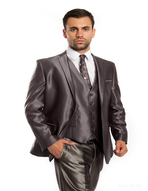 Mens Tazio Vested Slim Fit Shiny Sharkskin Suit in Charcoal - Men's Tuxedo USA