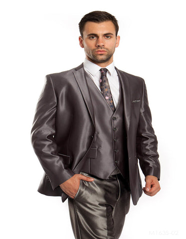 Mens Tazio Vested Slim Fit Shiny Sharkskin Suit in Charcoal