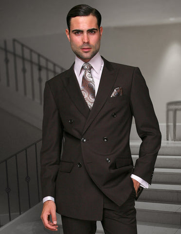Mens Classic Wool Double Breasted Suit in Brown
