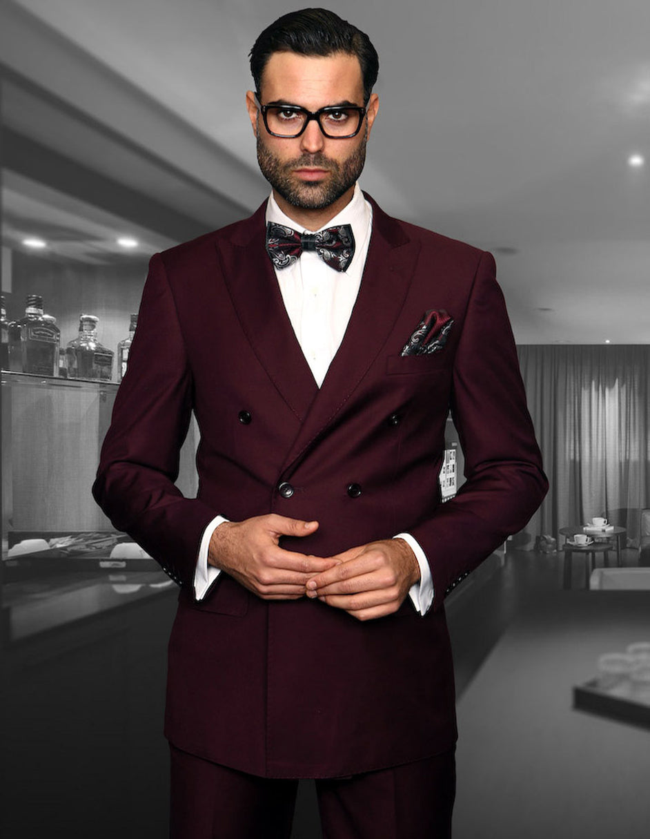 Mens Classic Wool Double Breasted Suit in Burgundy