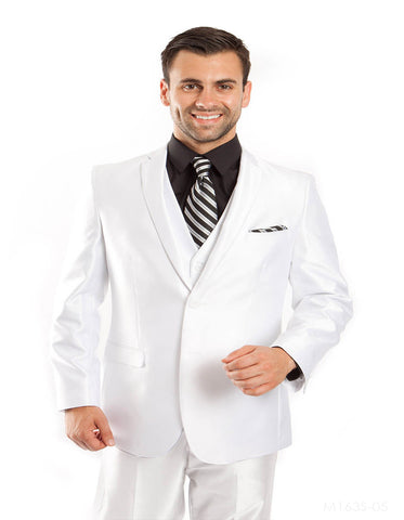 Mens Tazio Vested Slim Fit Shiny Sharkskin Suit in Solid White