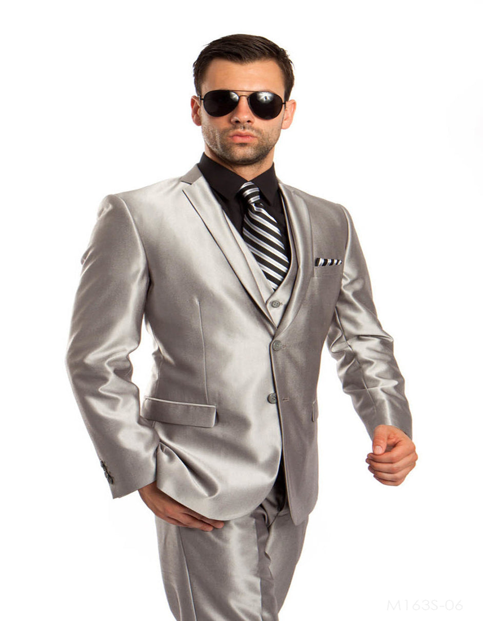 Mens Tazio Vested Slim Fit Shiny Sharkskin Suit in Silver