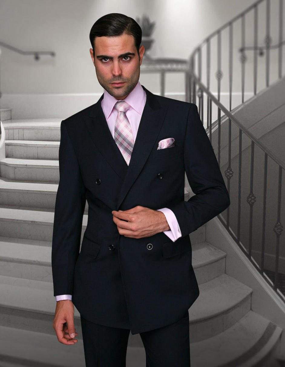 Mens Classic Wool Double Breasted Suit in Navy Blue