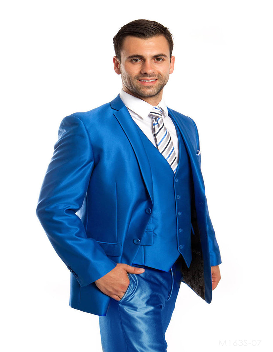Mens 2 Button Vested Shiny Sharkskin Suit in Royal Blue