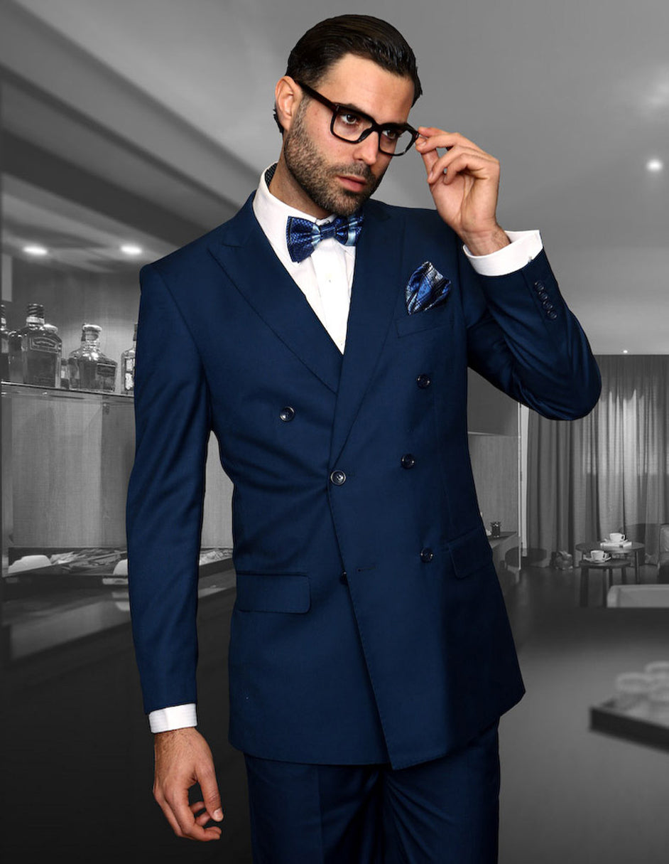 Mens Classic Wool Double Breasted Suit in Sapphire Blue