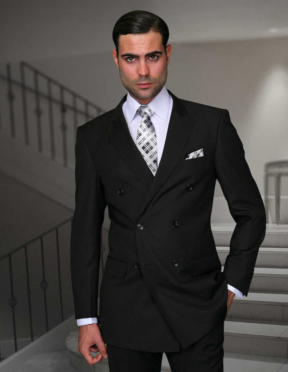 Mens Classic Wool Double Breasted Suit in Black
