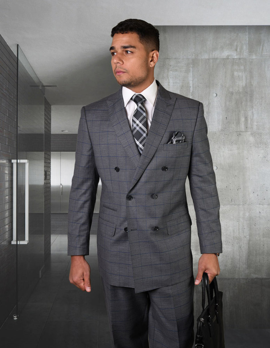 Mens Double Breasted Wool Suit in Charcoal Grey Windowpane