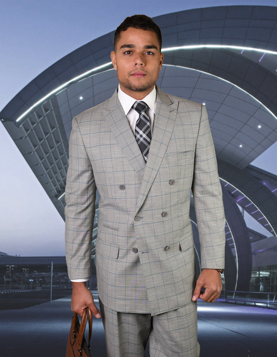 Mens Double Breasted Wool Suit in Grey Windowpane