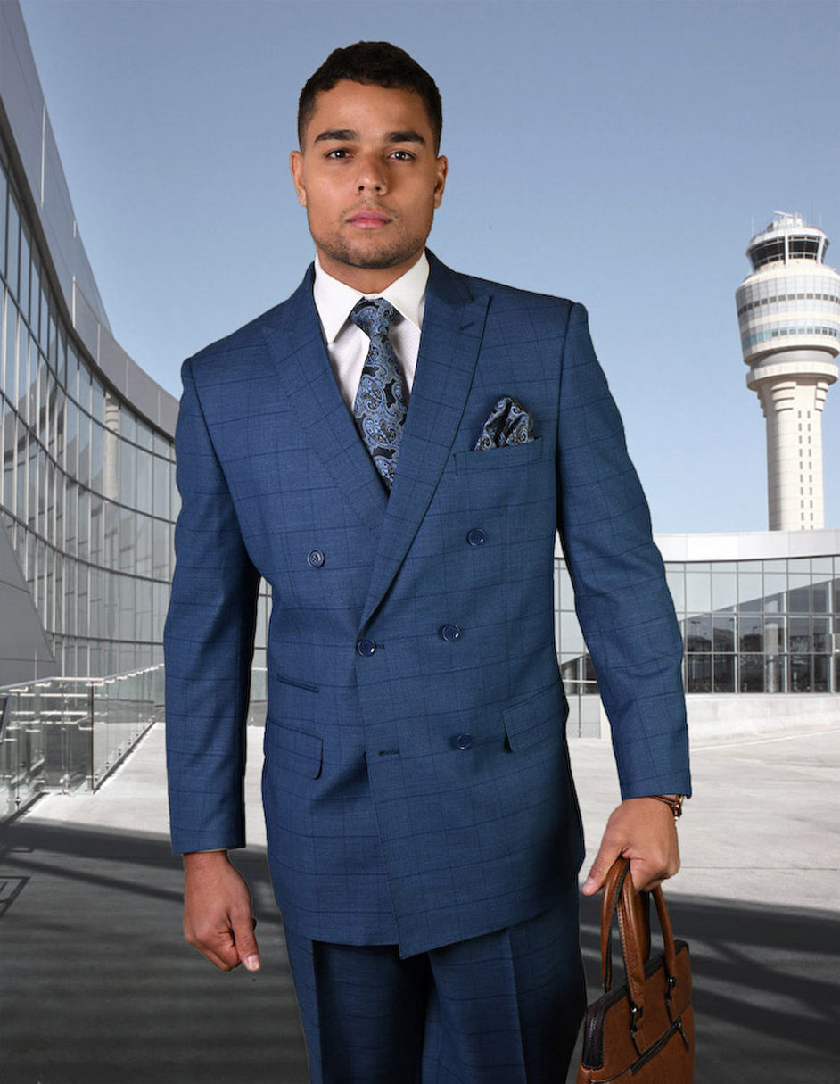 Mens Double Breasted Wool Suit in Indigo Windowpane - Men's Tuxedo USA