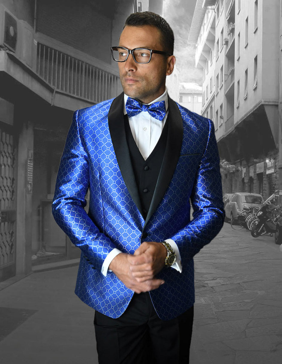 Mens Vested One Button Shawl Tuxedo in Geometric Chain Print in Royal
