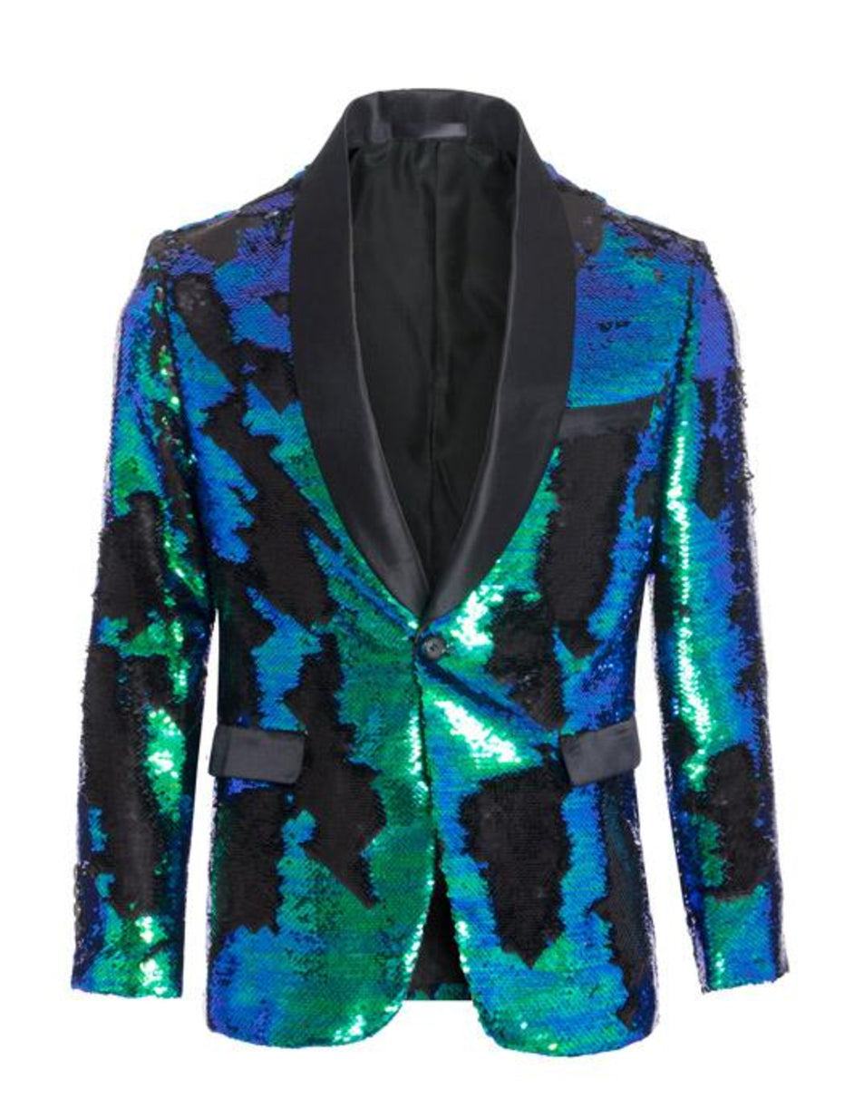 1 Button Reversible Sequin Blazer In Green and Black