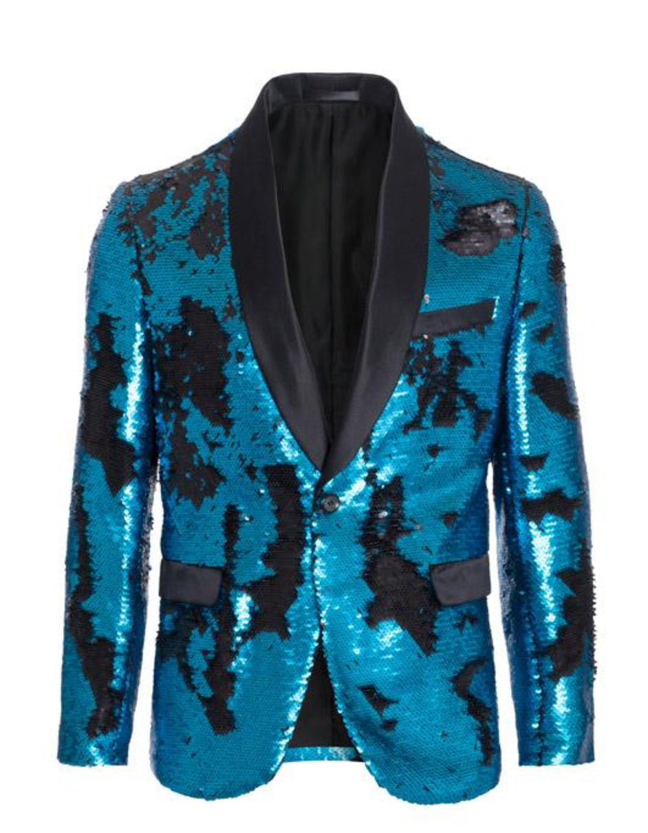 1 Button Reversible Sequin Blazer In Turquoise and Black