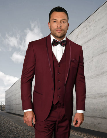 Mens Vested Shawl Lapel Tuxedo With Satin Trim in Burgundy