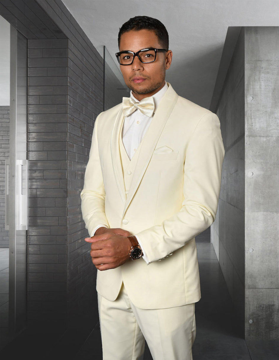 Mens Vested Shawl Lapel Tuxedo With Satin Trim in Ivory