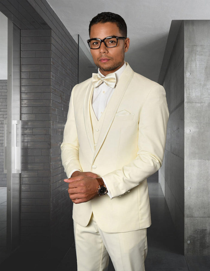 Mens Vested Shawl Lapel Tuxedo With Satin Trim in Ivory - Men's Tuxedo USA