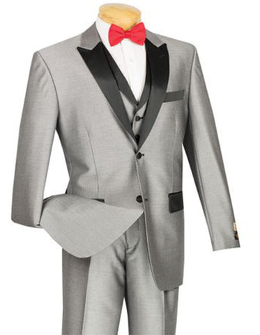 Mens Peak Lapel Sharkskin Vested Tuxedo in Silver