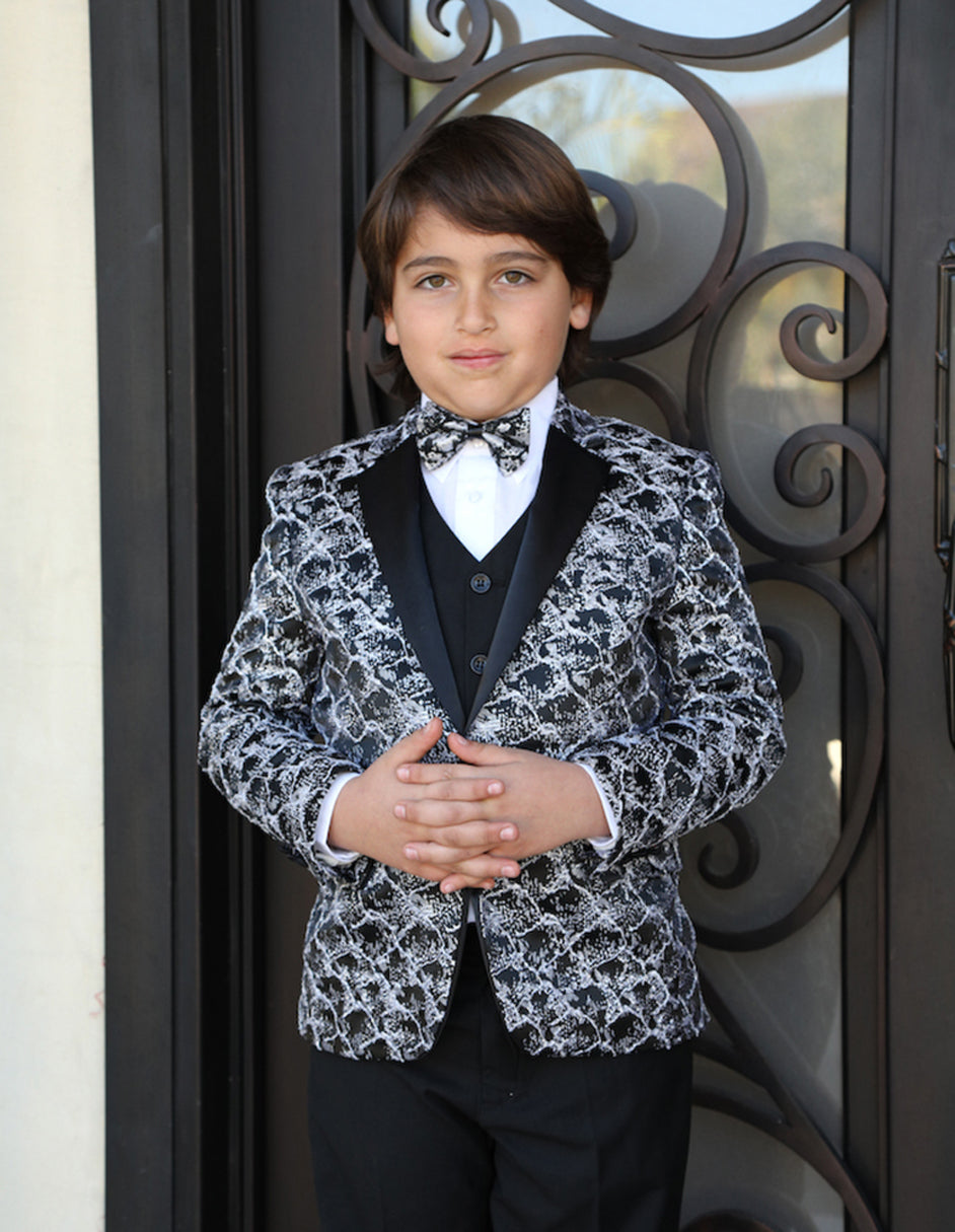 Boys Vested One Button Floral Pattern Tuxedo in Black