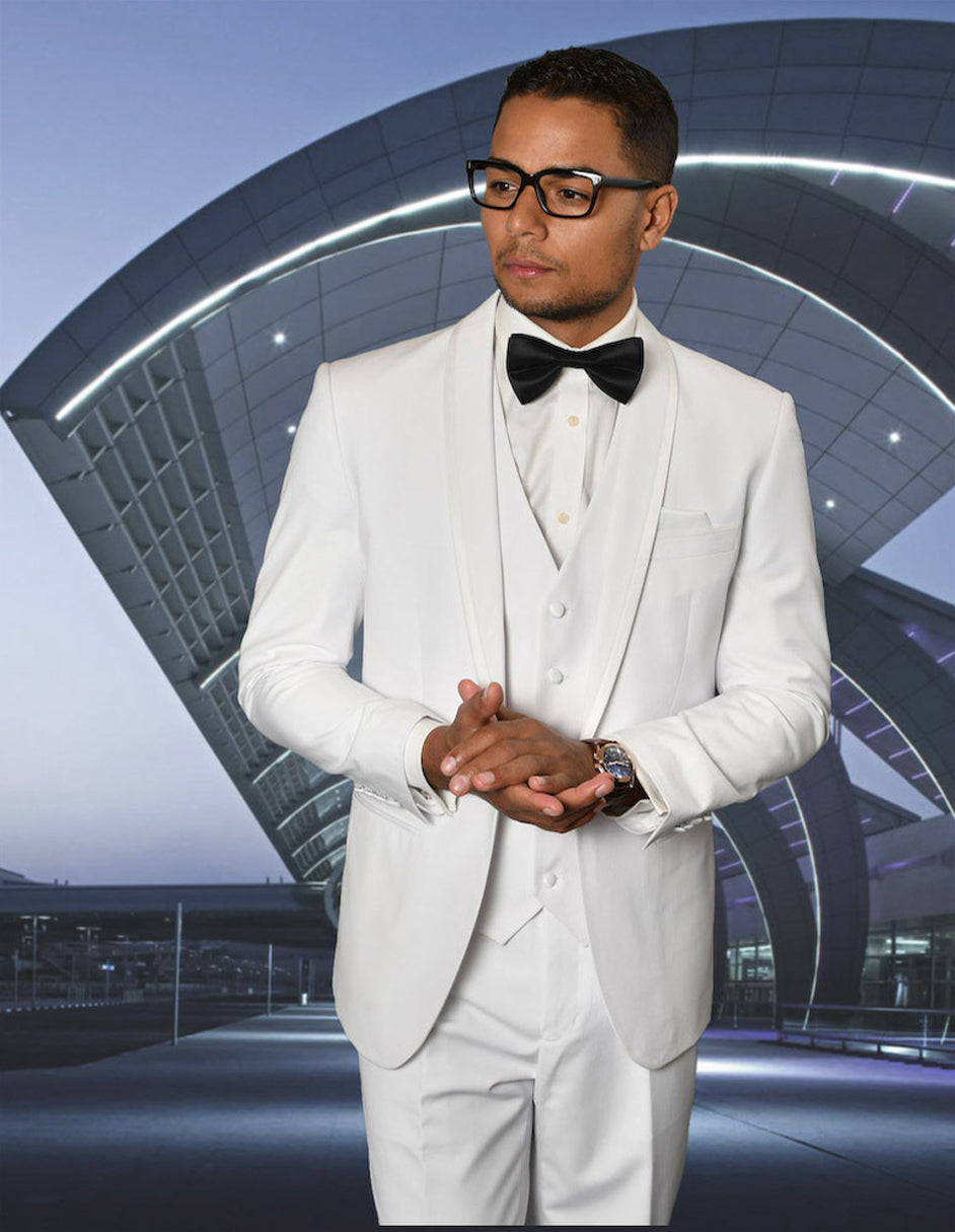 Mens Vested Shawl Lapel Tuxedo With Satin Trim in White