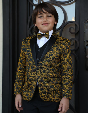 Boys Vested One Button Floral Pattern Tuxedo in Gold