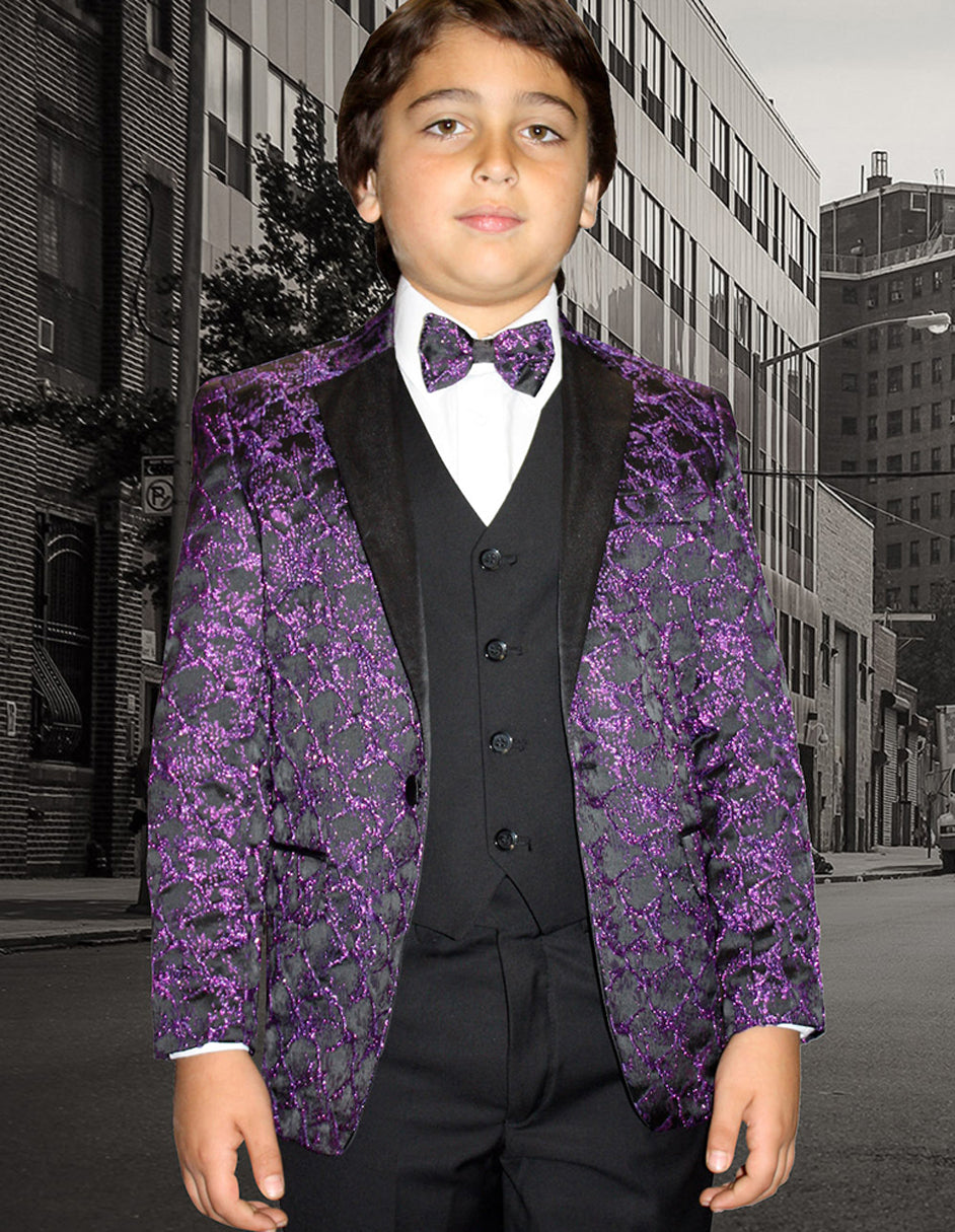 Boys Vested One Button Floral Pattern Tuxedo in Purple