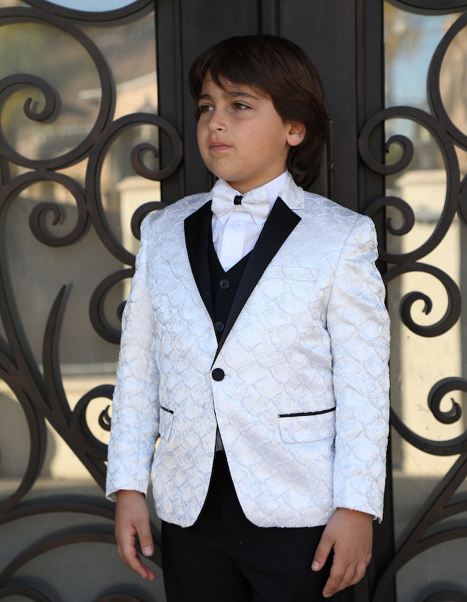 Boys Vested One Button Floral Pattern Tuxedo in White