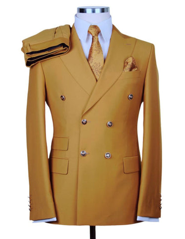 Mens Designer Modern Fit Double Breasted Wool Suit with Gold Buttons in Khaki