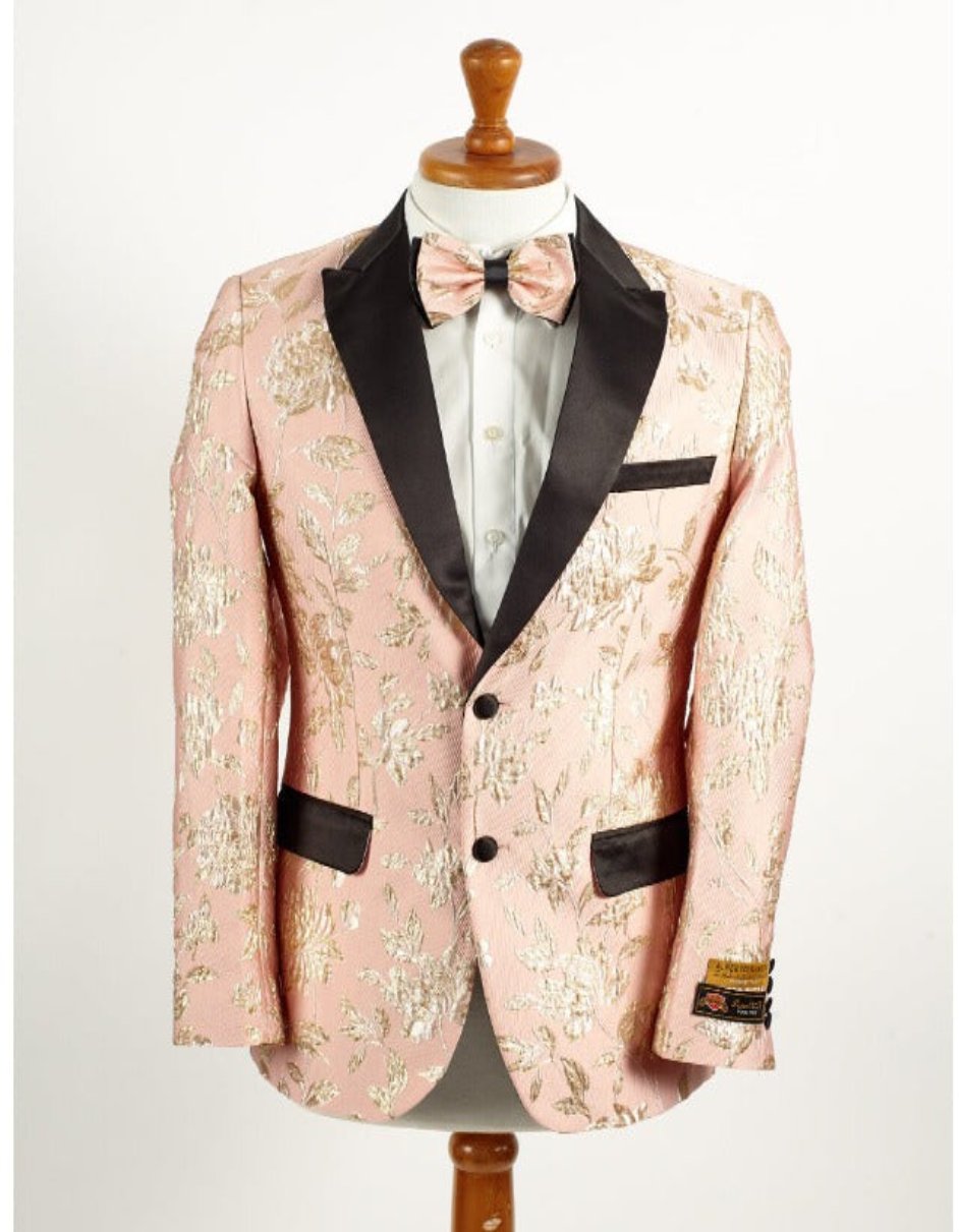 Mens 2 Button Light Baby Pink & Gold Floral Paisley Tuxedo Blazer - Men's Tuxedo USA