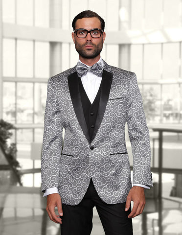 Mens Vested Swirl Patter Notch Lapel Tuxedo in Silver Grey