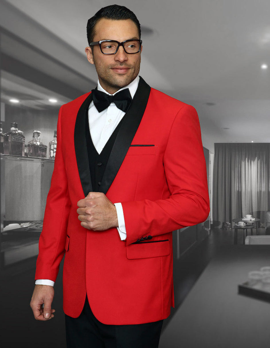 Mens Vested Wool Shawl Lapel Tuxedo in Red