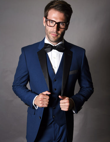 Mens 2 Button Modern Fit Vested Wool Tuxedo in Sapphire Blue