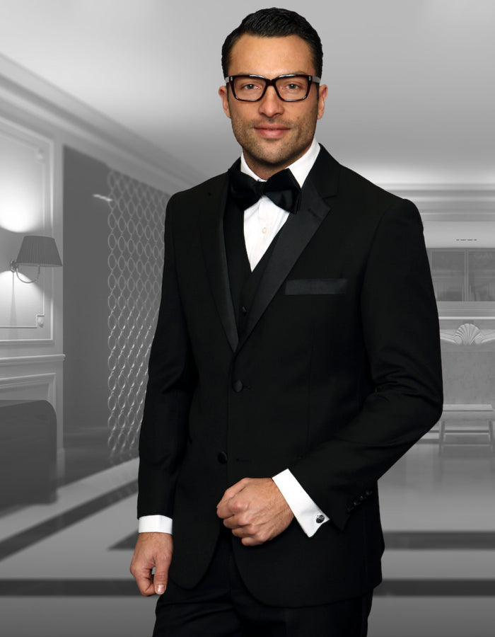 Mens 2 Button Modern Fit Vested Wool Tuxedo in Black - Men's Tuxedo USA