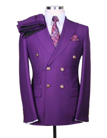Mens Designer Modern Fit Double Breasted Wool Suit with Gold Buttons in Purple
