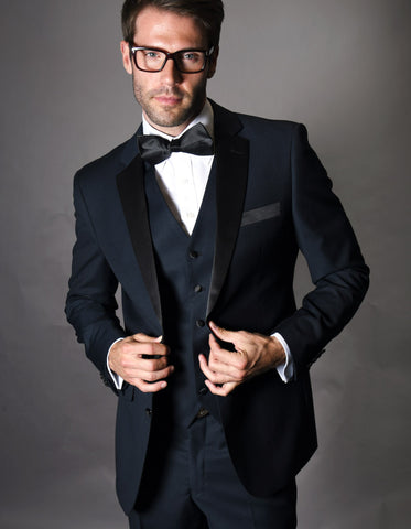 Mens 2 Button Modern Fit Vested Wool Tuxedo in Navy Blue