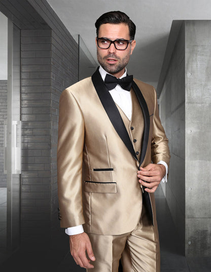 Mens Vested One Button Shiny Sharkskin Shawl Lapel Tuxedo in Gold - Men's Tuxedo USA