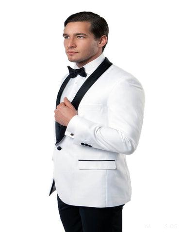 Mens 1 Button Shawl Lapel Dinner Jacket in White with Black Lapels