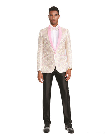 Mens Slim Fit Prom Tuxedo Jacket in Light Gold with Pink Lapel
