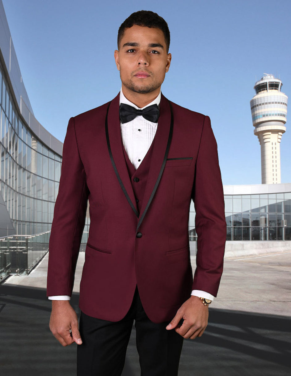 Mens Vested Wool Tuxedo in Shawl Lapel with Satin Trim in Burgundy & Black