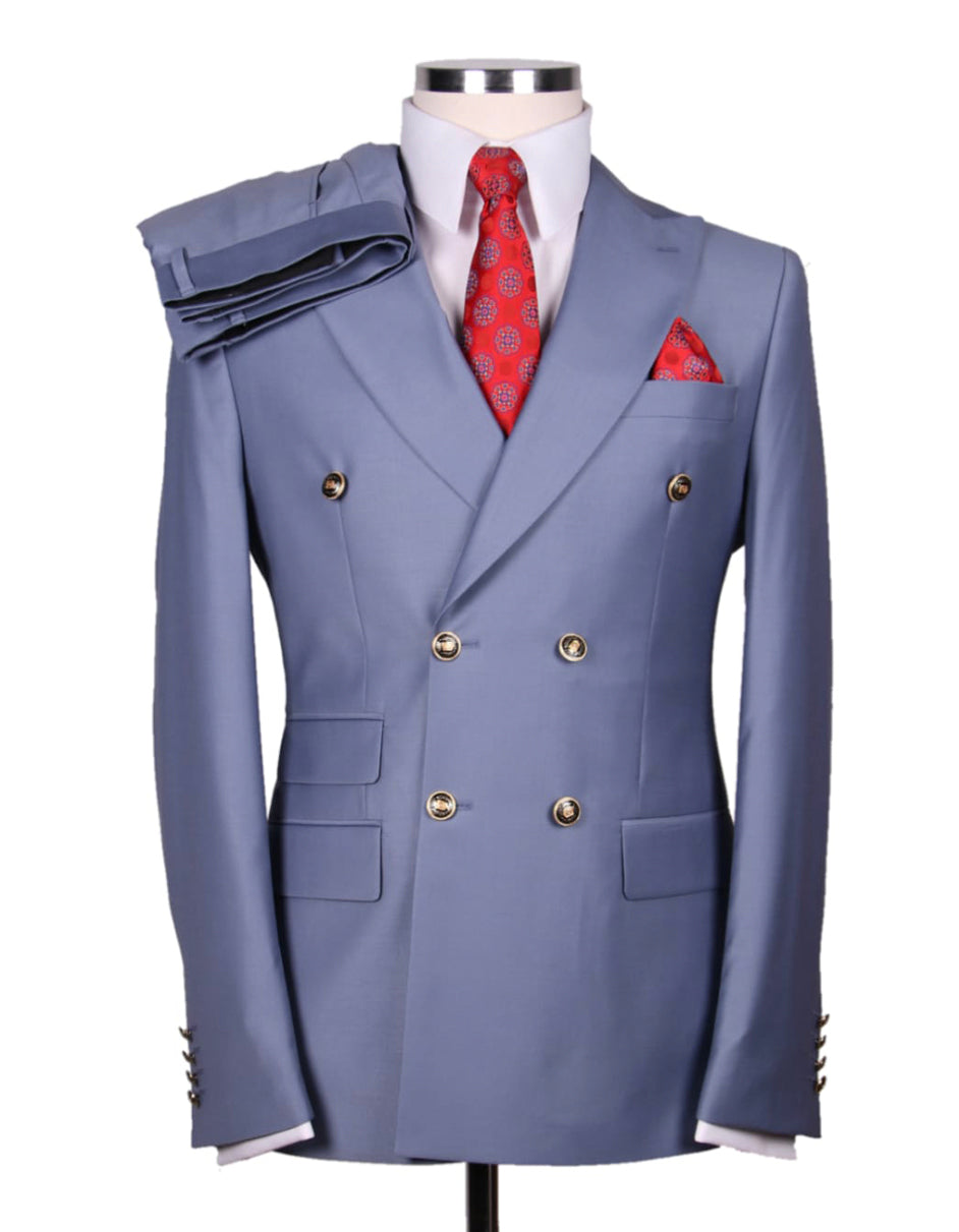 Mens Designer Modern Fit Double Breasted Wool Suit with Gold Buttons in Tiffany Blue